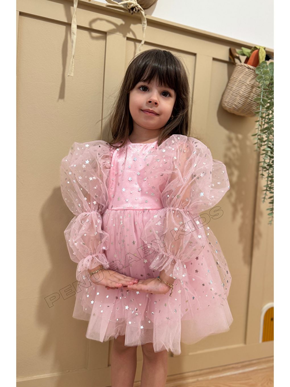 Pembe Yıldız Desenli Katlı Uzun Balon Kollu Kız Çocuk Elbise-3
