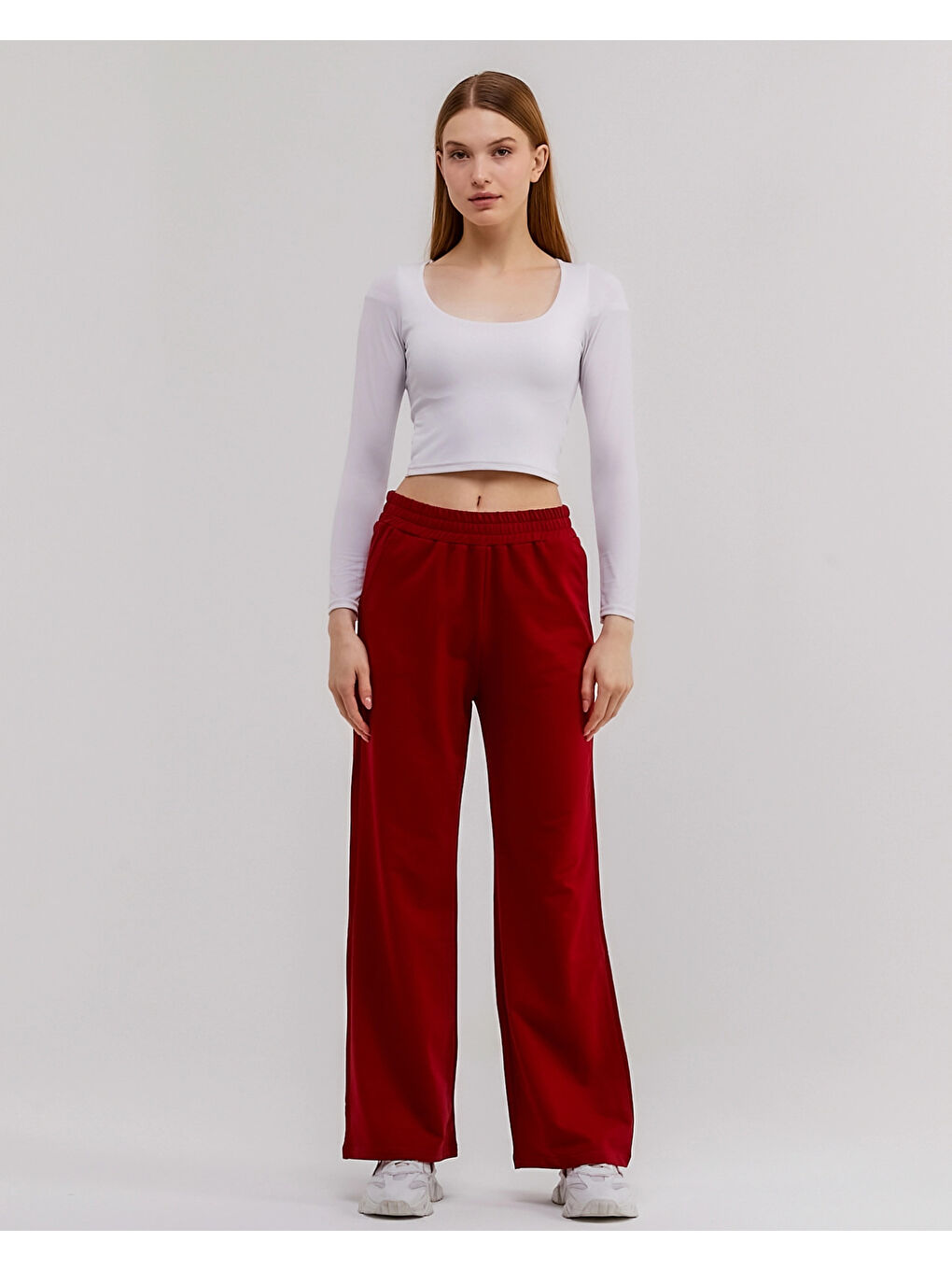 Bordo Beli Lastikli Bol Paça Kadın Eşofman Altı N003