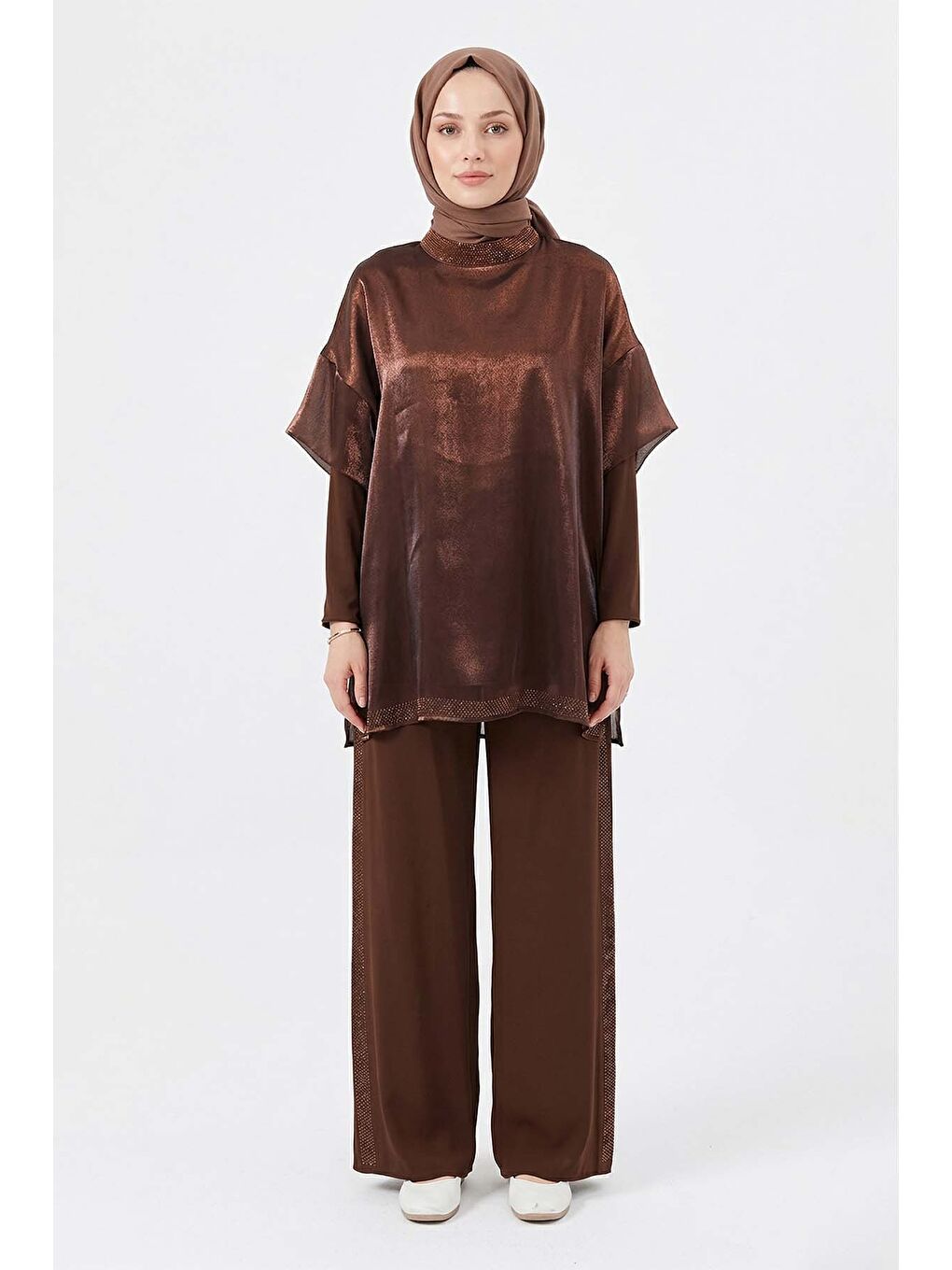 Transparan ve Taş Detay Bluz ve Pantolon Takım 8614 Kahverengi