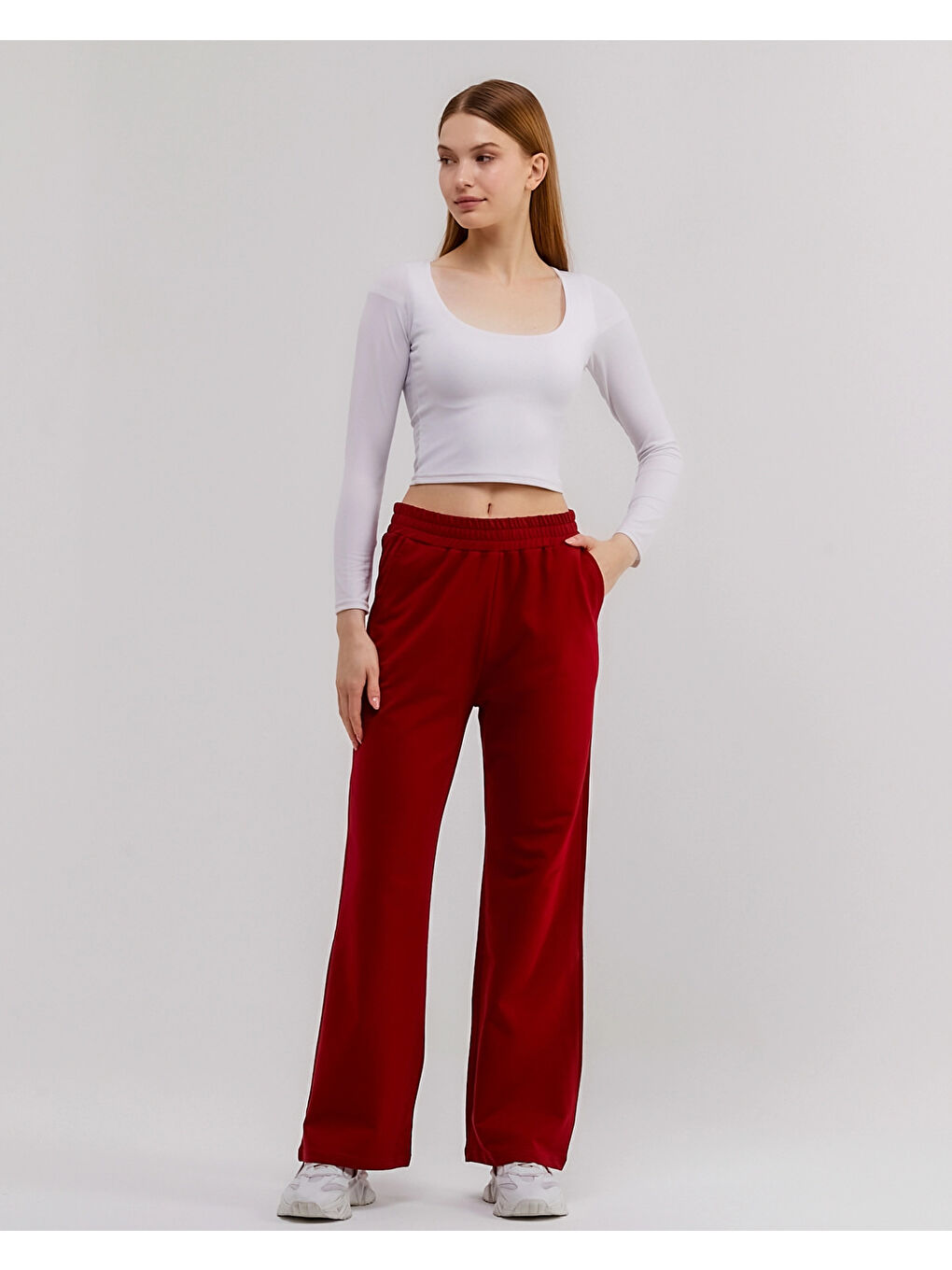 Bordo Beli Lastikli Bol Paça Kadın Eşofman Altı N003-1