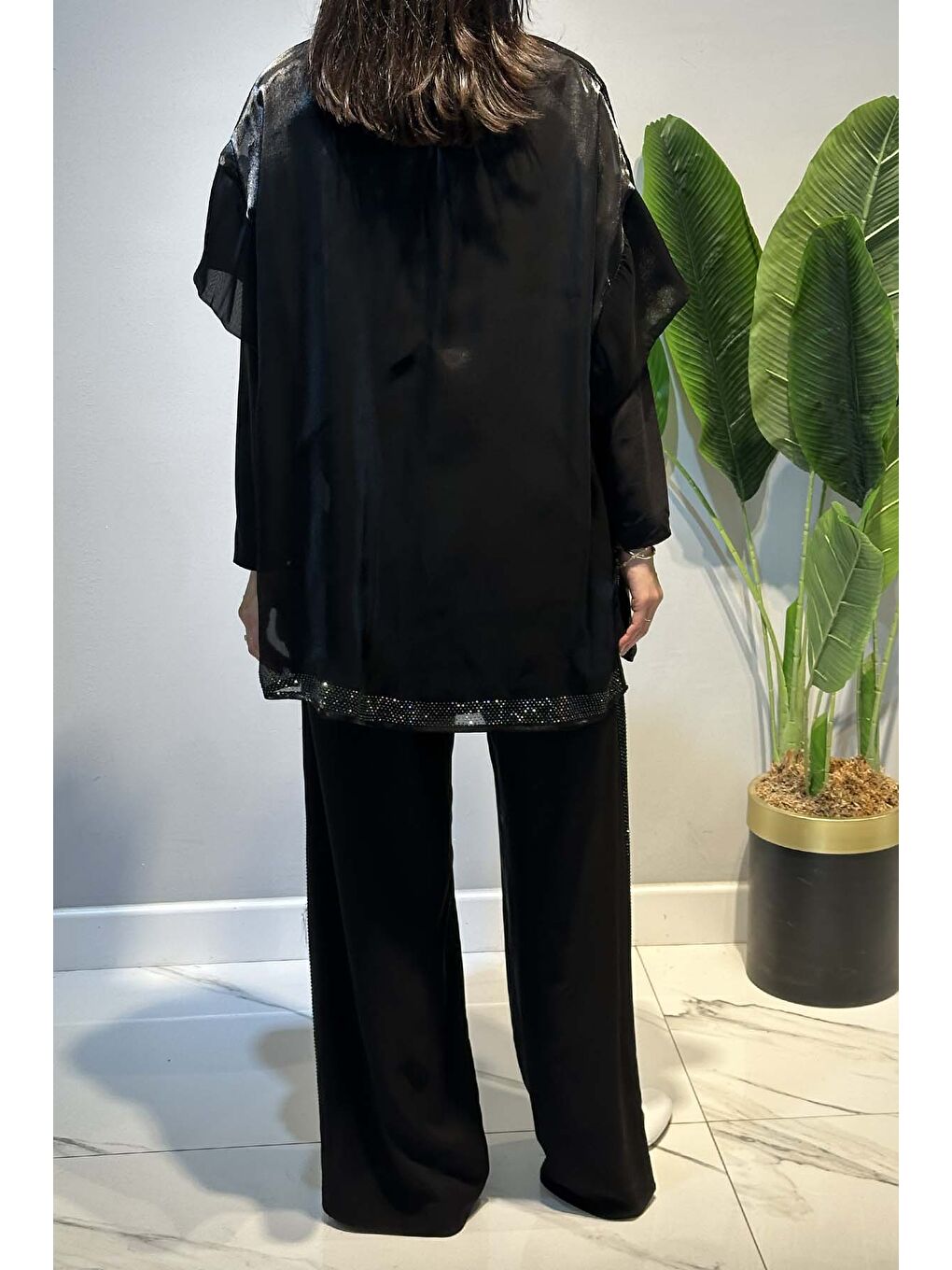 Transparan ve Taş Detay Bluz ve Pantolon Takım 8614  Siyah-4