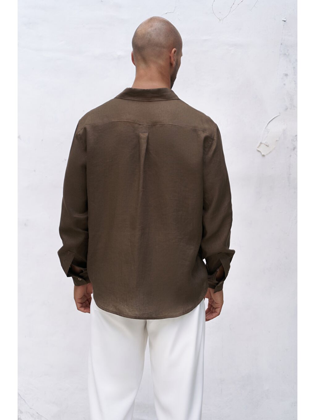 Kahverengi Bice Kahve Keten Oversize Erkek Gömlek-4