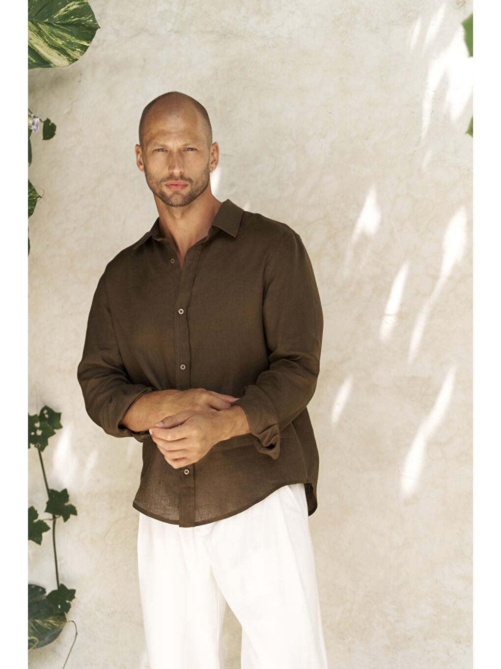 Kahverengi Bice Kahve Keten Oversize Erkek Gömlek-5
