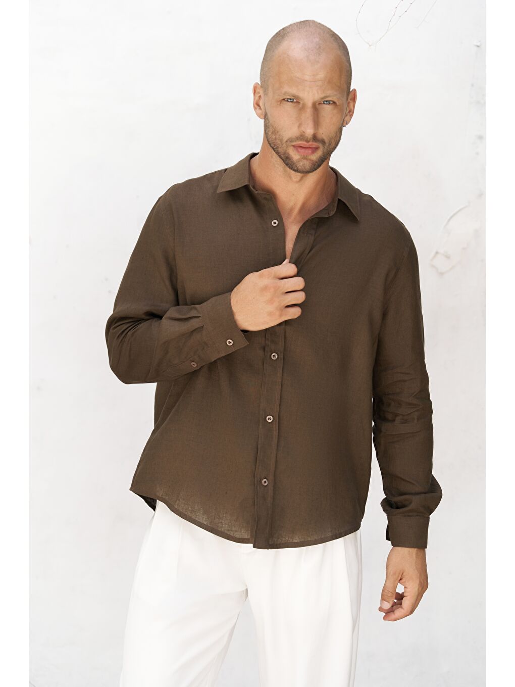 Kahverengi Bice Kahve Keten Oversize Erkek Gömlek-6