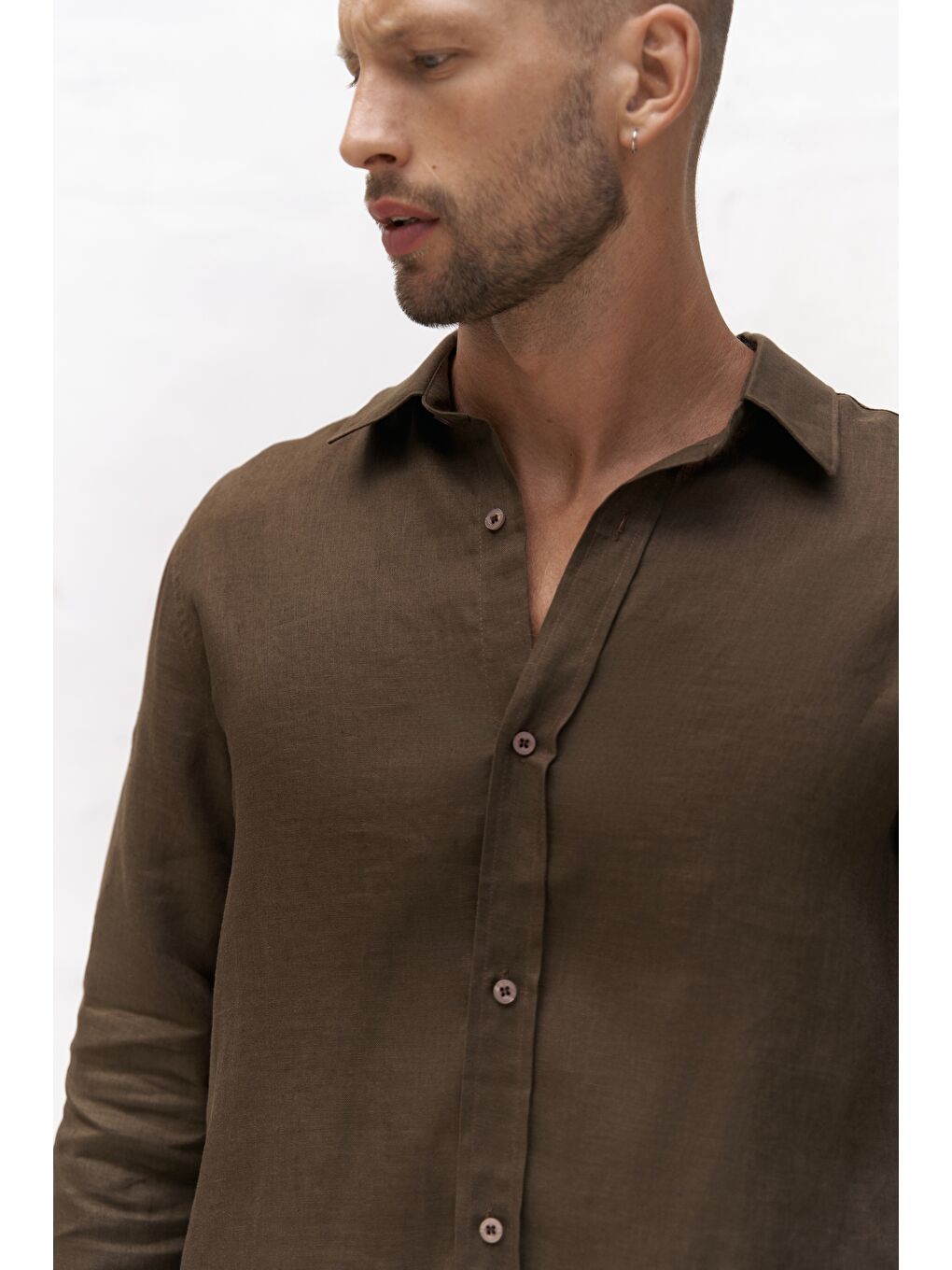 Kahverengi Bice Kahve Keten Oversize Erkek Gömlek-7