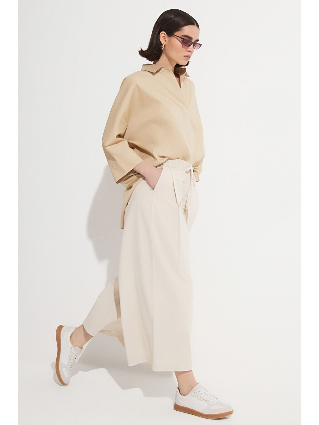 Bej Beli Lastikli Bol Paça Pantolon-1