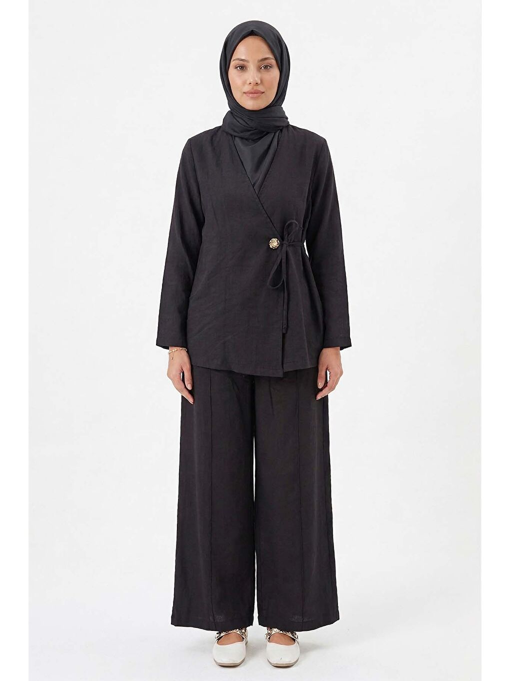 Kruvaze Yaka Yandan Bağlamalı Tesla Takım 2069 Siyah