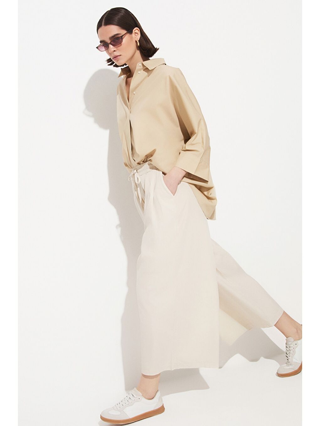 Bej Beli Lastikli Bol Paça Pantolon-2