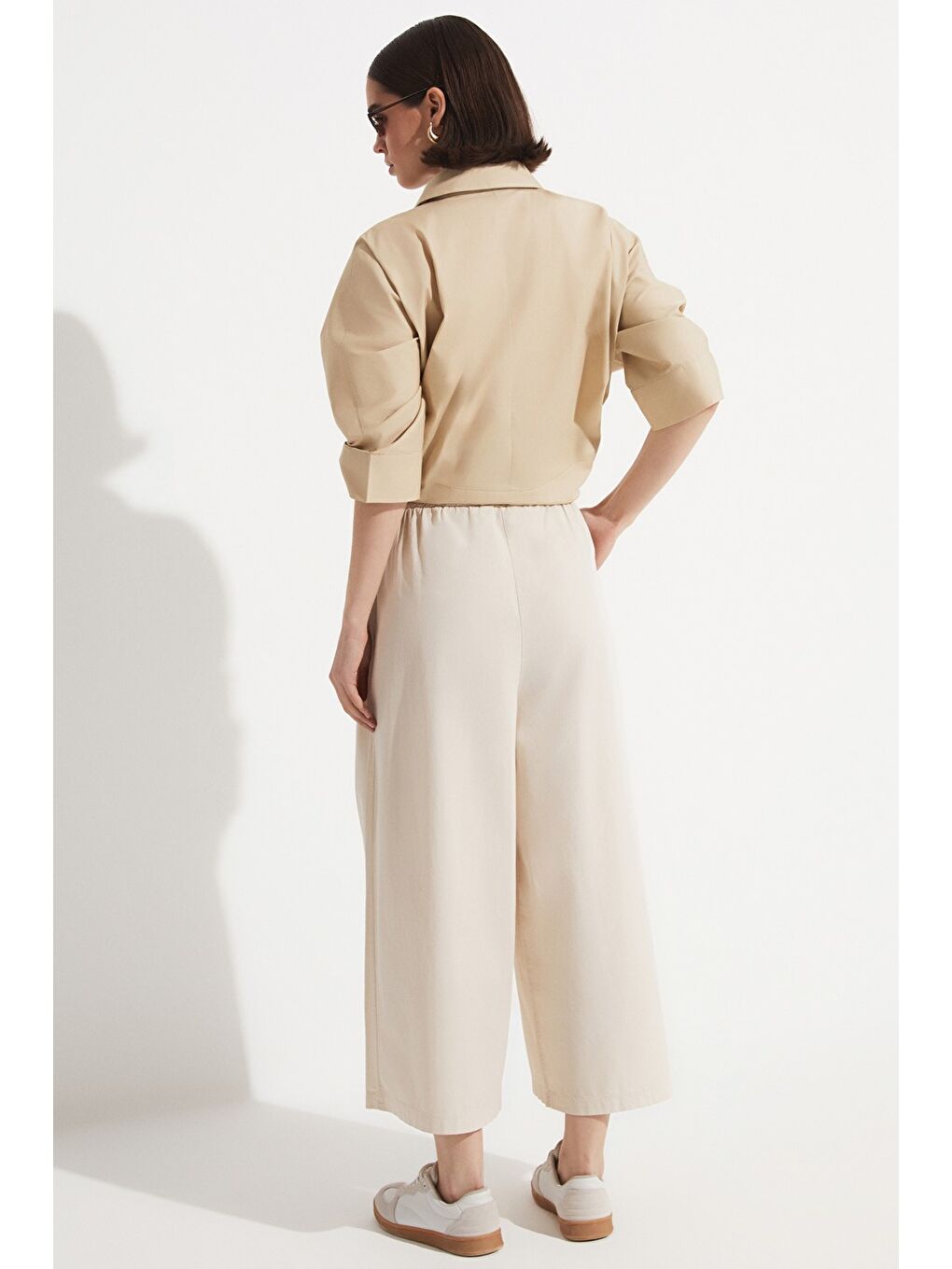 Bej Beli Lastikli Bol Paça Pantolon-4