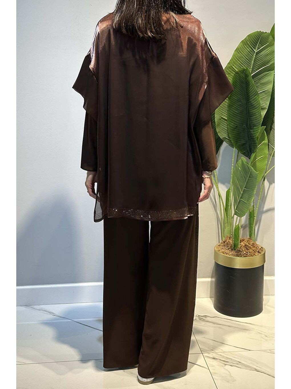 Transparan ve Taş Detay Bluz ve Pantolon Takım 8614 Kahverengi-3