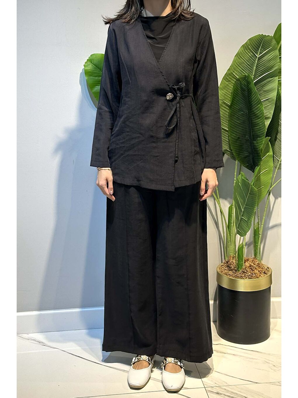 Kruvaze Yaka Yandan Bağlamalı Tesla Takım 2069 Siyah-1