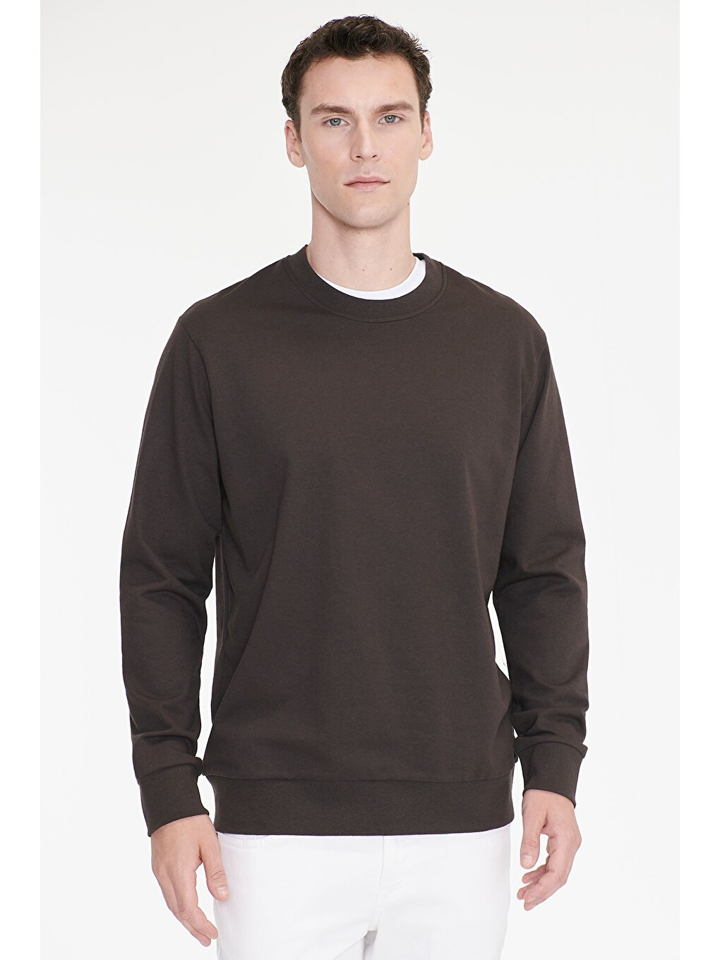 Erkek Kahverengi Pamuklu Standart Fit Normal Kesim 2 İplik Bisiklet Yaka Sweatshirt-2