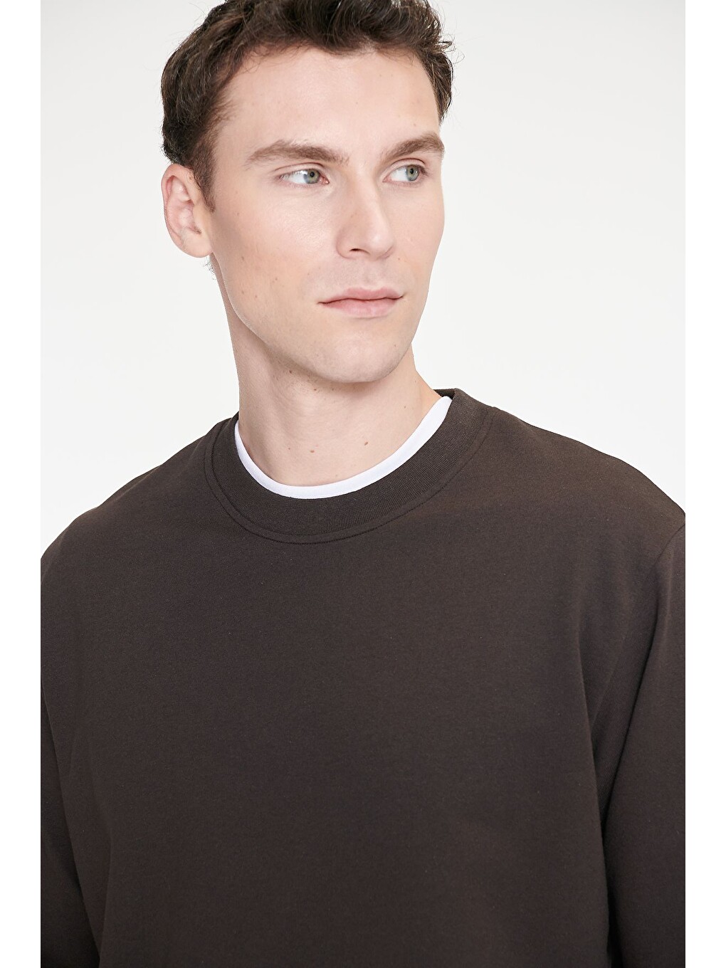 Erkek Kahverengi Pamuklu Standart Fit Normal Kesim 2 İplik Bisiklet Yaka Sweatshirt-3