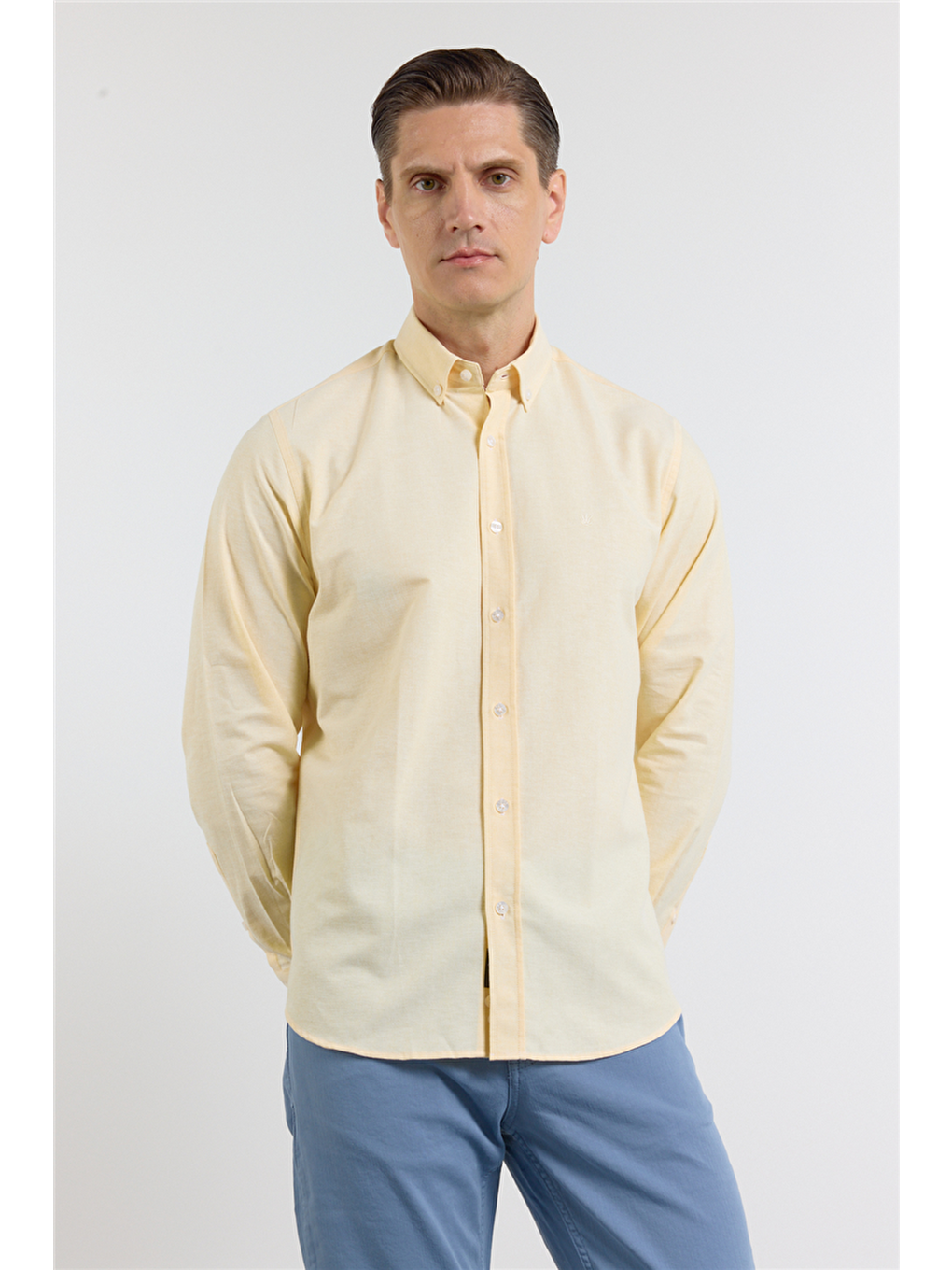 Sarı Oxford Düğmeli Yaka Uzun Kol Cepsiz Slim Fit Pamuklu  Gömlek 1004260182-2