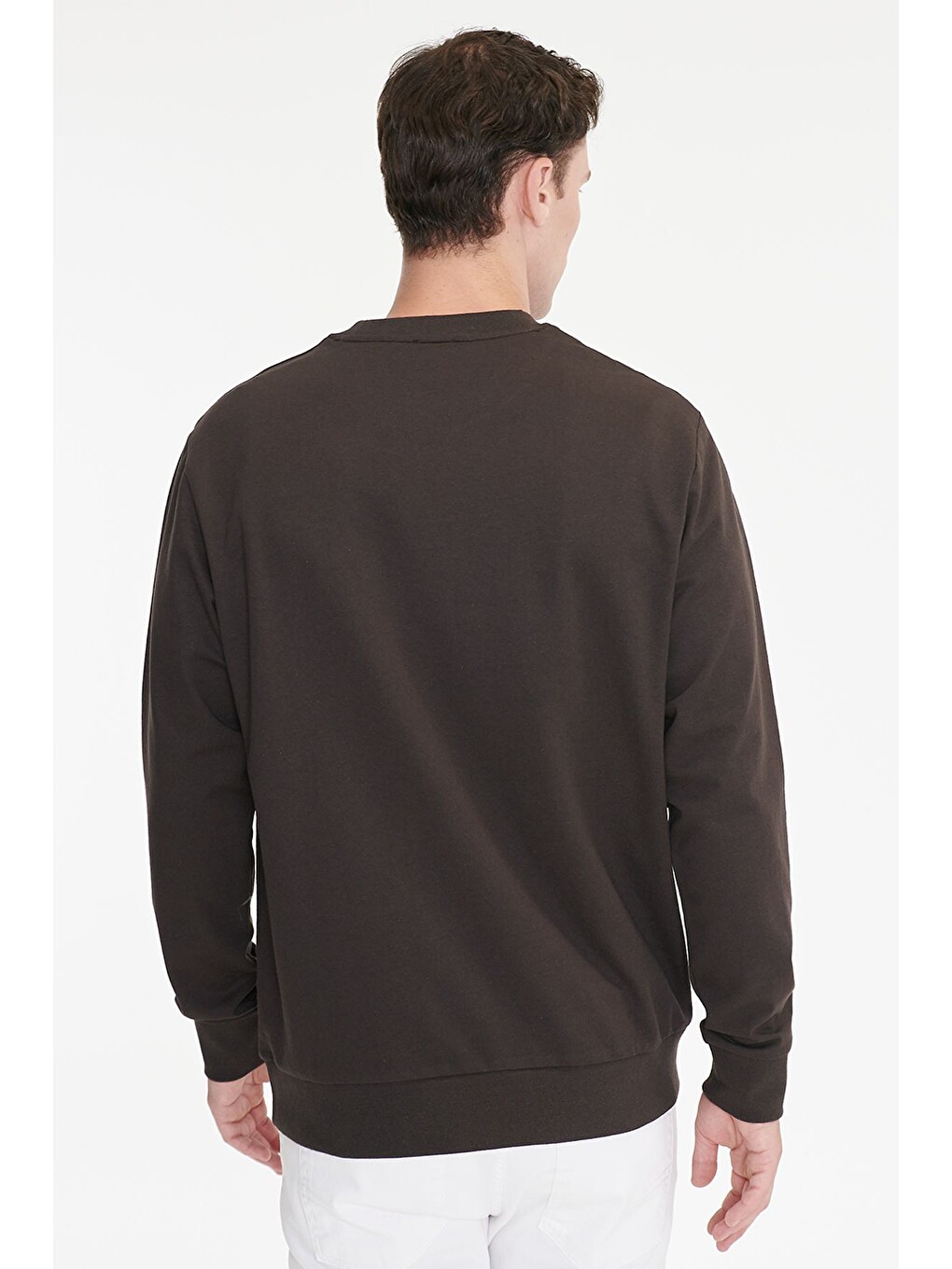 Erkek Kahverengi Pamuklu Standart Fit Normal Kesim 2 İplik Bisiklet Yaka Sweatshirt-4