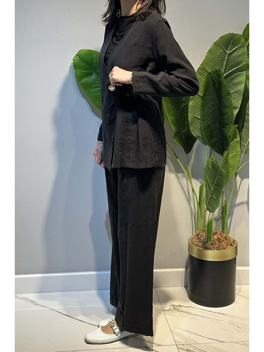 Kruvaze Yaka Yandan Bağlamalı Tesla Takım 2069 Siyah-2