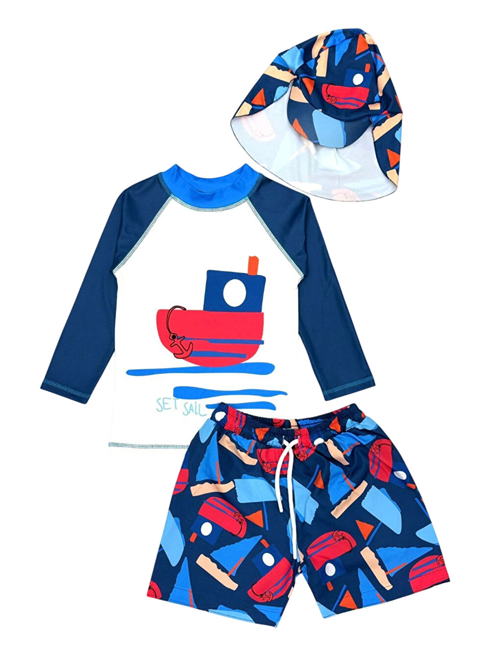 Siyah Güneş Korumalı Boneli Karakter Desenli Deniz Şortlu Mayo Takım