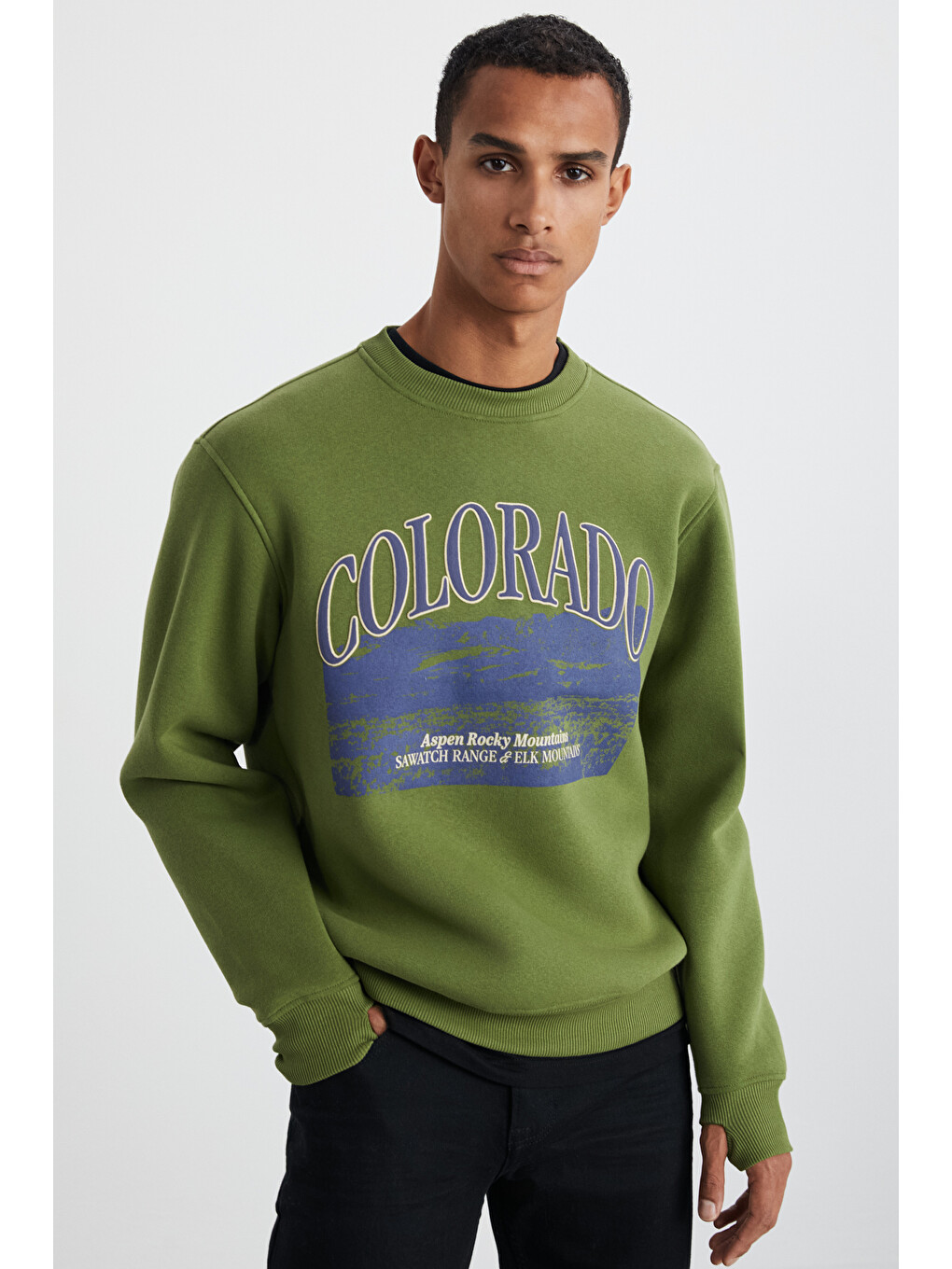 Yanke Erkek İçi Polarlı Önü Baskılı Yuvarlak Yaka Parmak Geçme Detaylı Açık Haki Sweatshirt-2