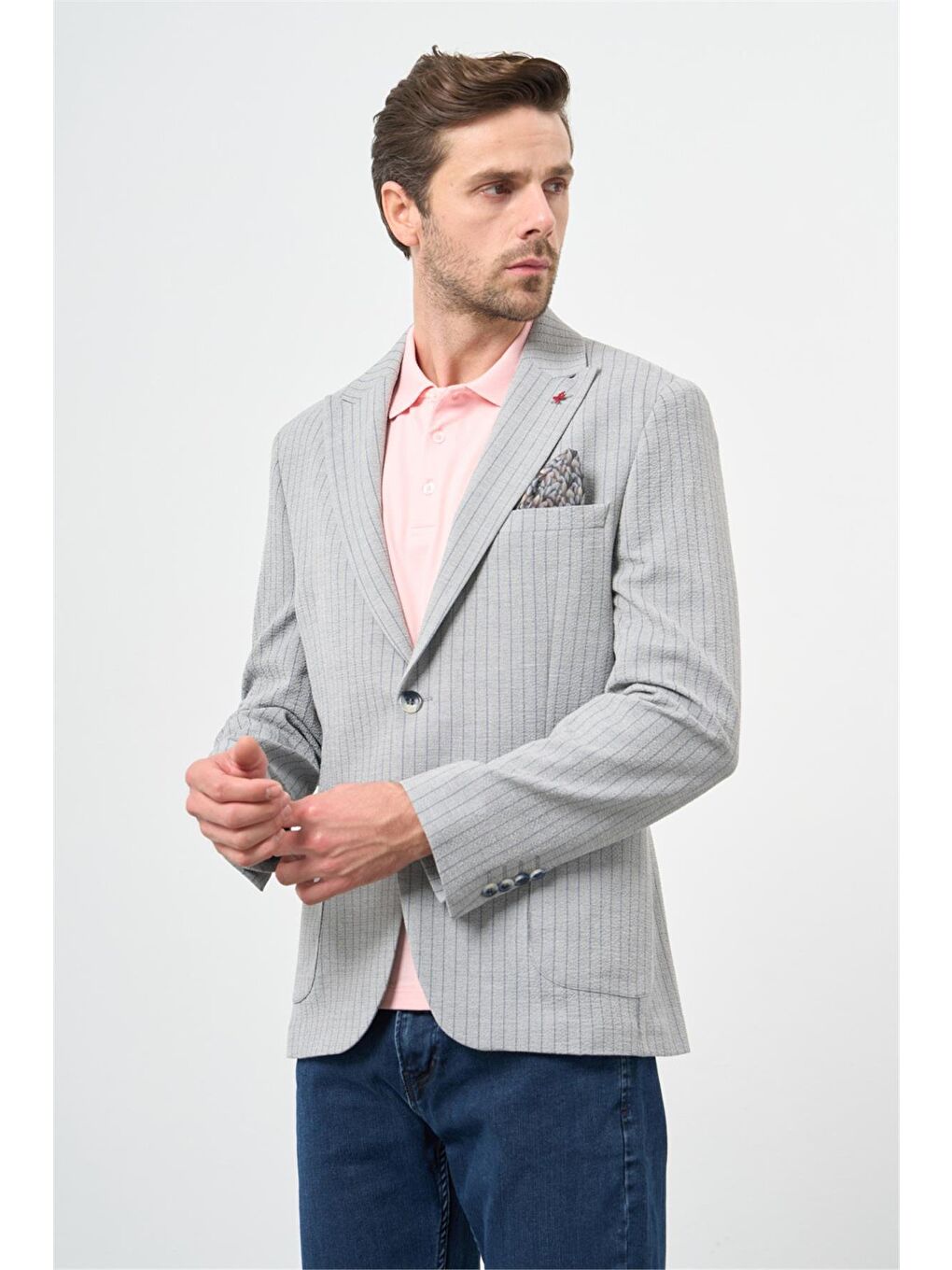 Gri Çizgili Gofreli Kırlangıç Yaka Elastanlı 6 Drop Slim Fit Dar Kesim Klasik Ceket 1002240111