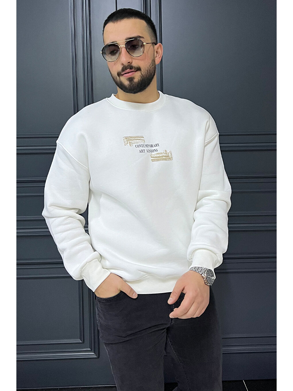 Mishar İtalia Beyaz Baskılı Üç İplik Şardonlu Bisiklet Yaka Erkek Sweatshirt - 1