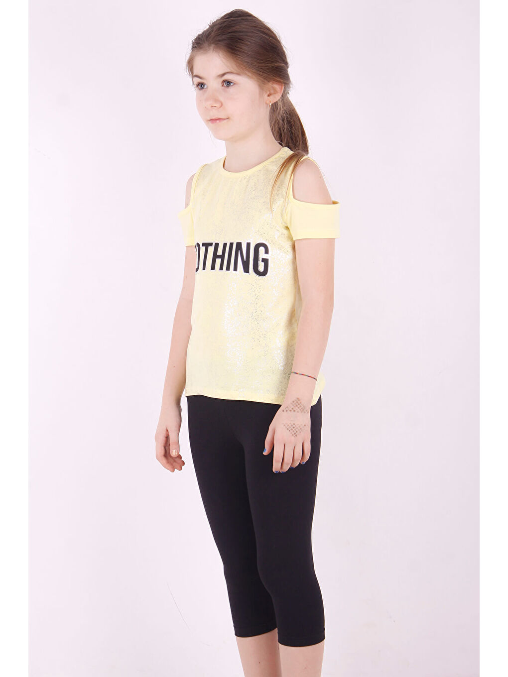 Sarı Kız Çocuk Yarım Kollu Varak Baskılı Kaprili Takım-1