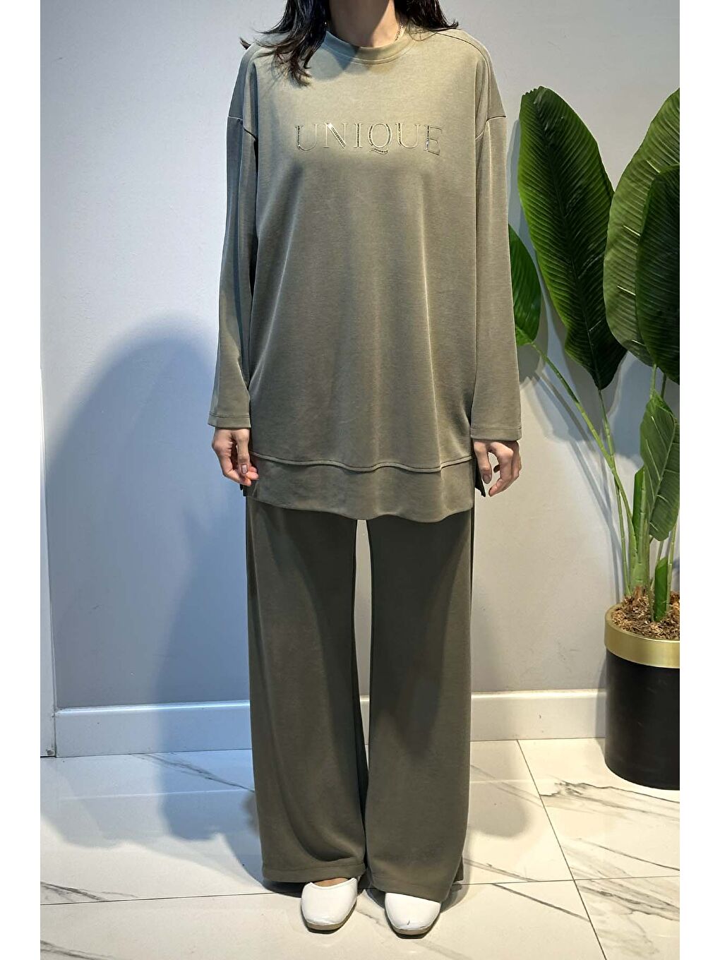 Tonaton Yüksek Baskılı Taşlı Pantolonlu Takım 17146 Haki-1