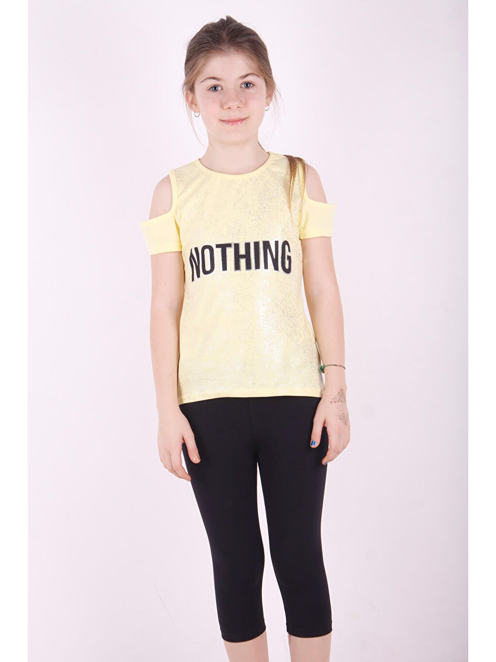 Sarı Kız Çocuk Yarım Kollu Varak Baskılı Kaprili Takım-3