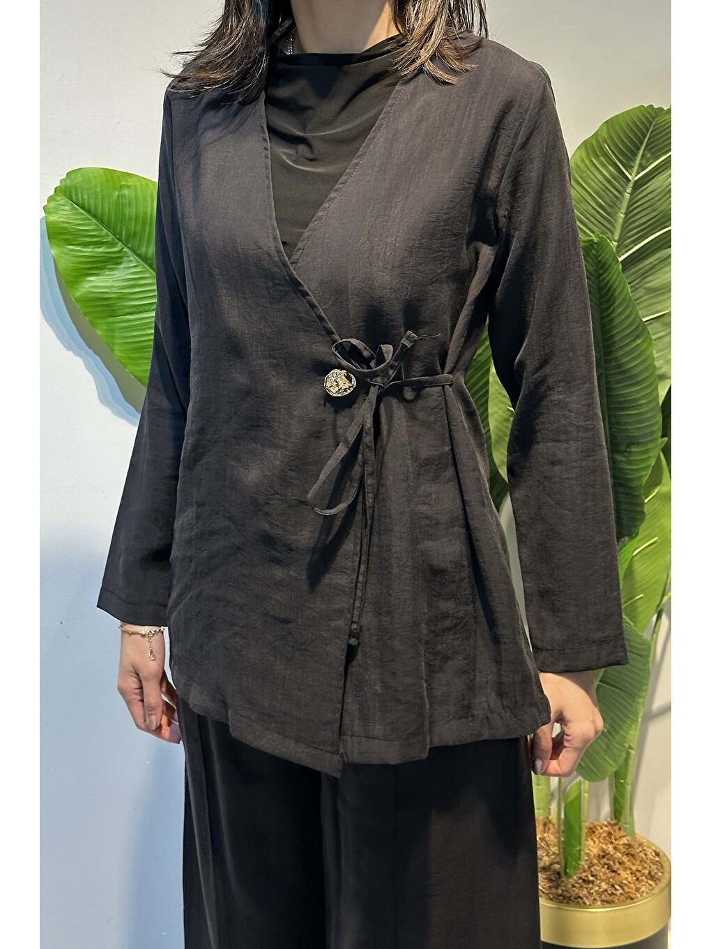 Kruvaze Yaka Yandan Bağlamalı Tesla Takım 2069 Siyah-4