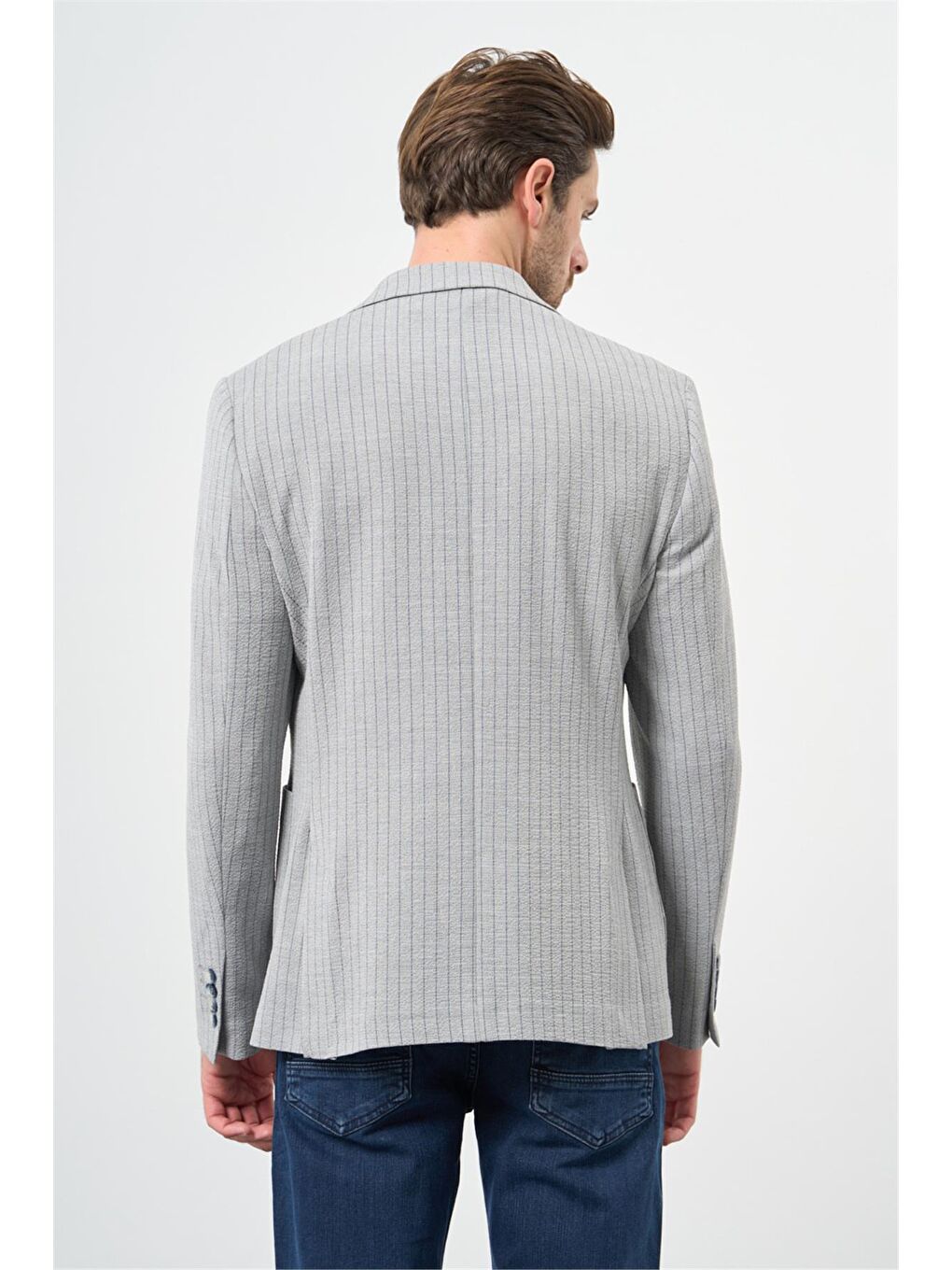 Gri Çizgili Gofreli Kırlangıç Yaka Elastanlı 6 Drop Slim Fit Dar Kesim Klasik Ceket 1002240111-2