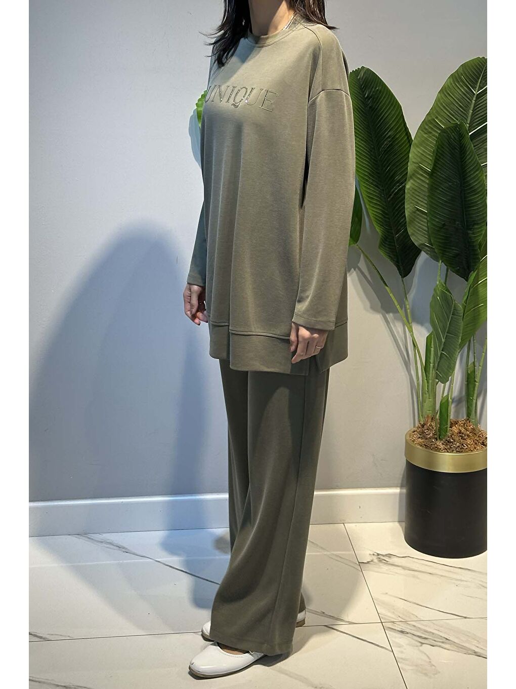 Tonaton Yüksek Baskılı Taşlı Pantolonlu Takım 17146 Haki-2