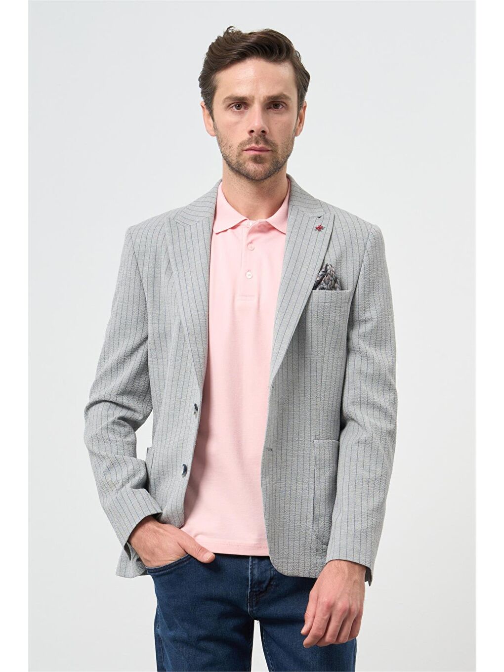 Gri Çizgili Gofreli Kırlangıç Yaka Elastanlı 6 Drop Slim Fit Dar Kesim Klasik Ceket 1002240111-4
