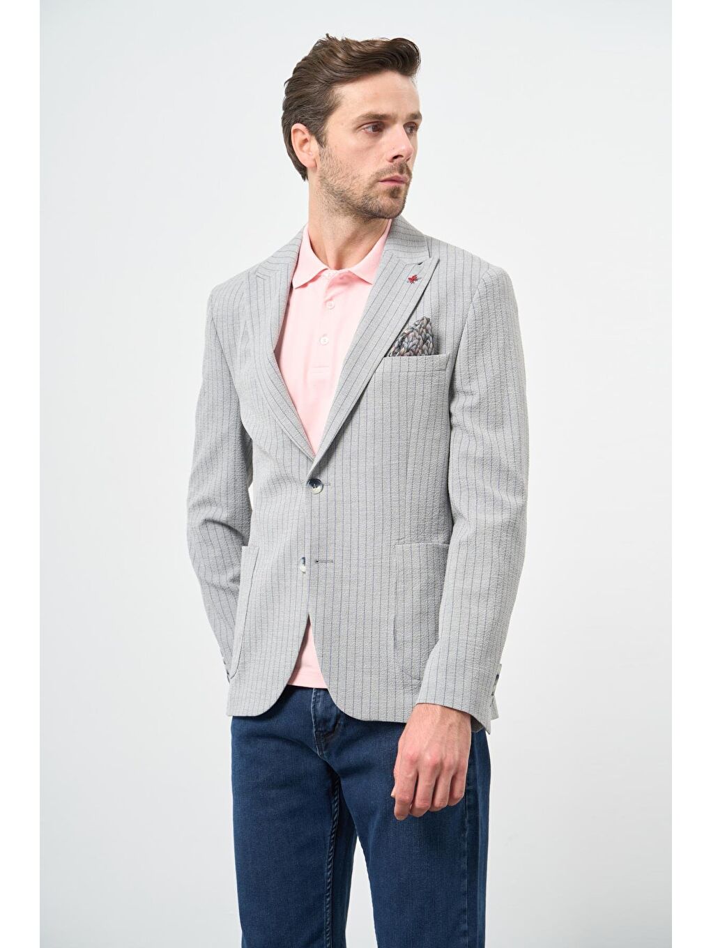 Gri Çizgili Gofreli Kırlangıç Yaka Elastanlı 6 Drop Slim Fit Dar Kesim Klasik Ceket 1002240111-5