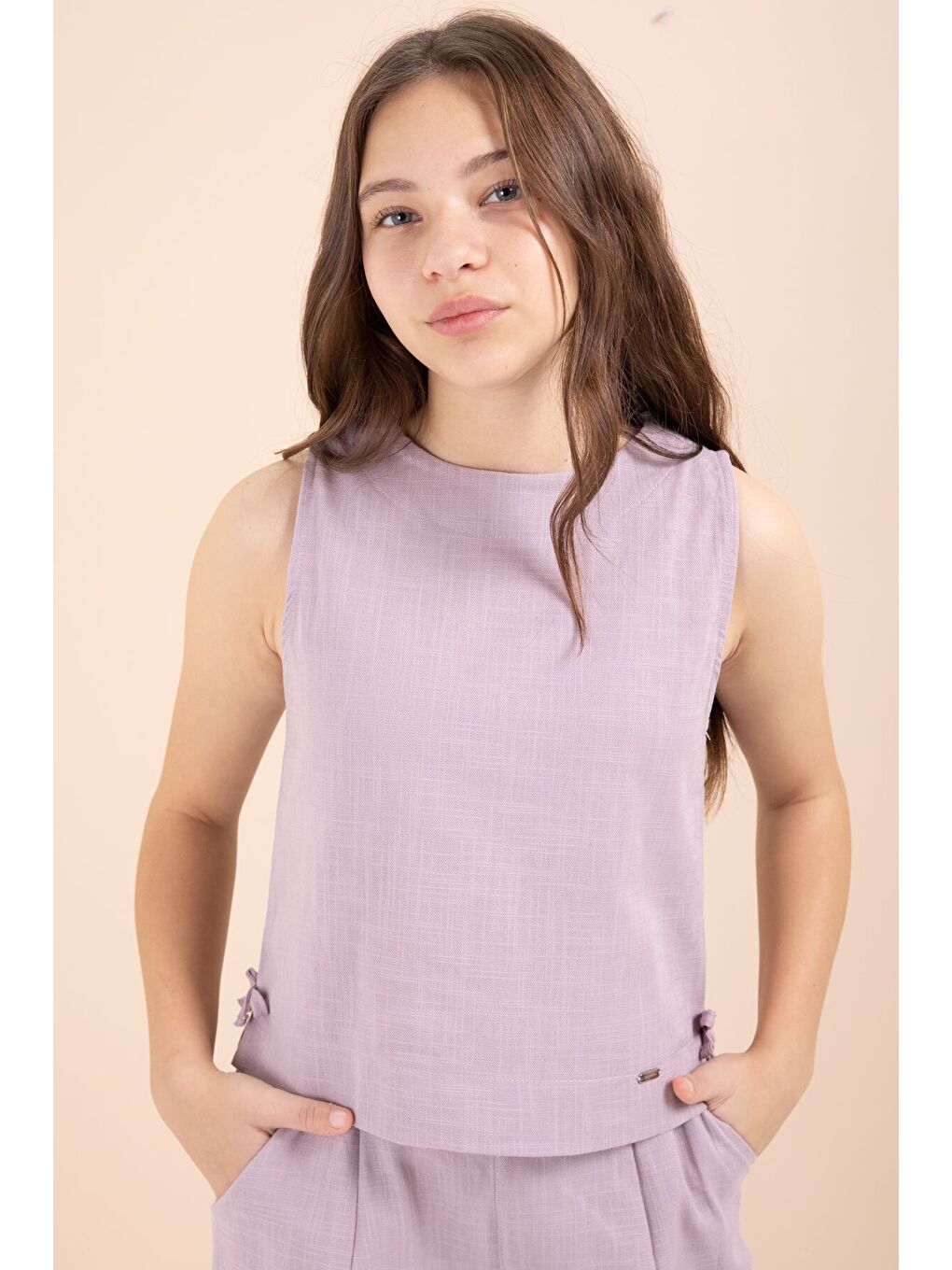 Pembe Gül Kurusu Geniş Paça Pantolonlu Kız Çocuk Keten Croplu Takım 23451-1