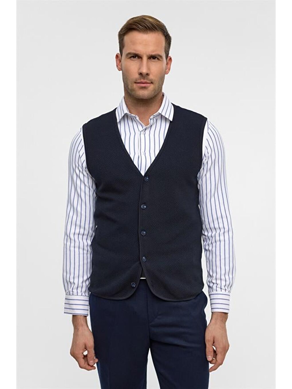 Lacivert Regular Kapitone V Yaka Yelek