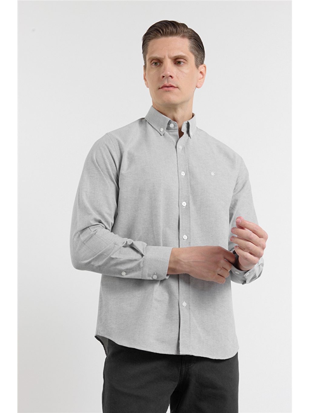 Haki Oxford Düğmeli Yaka Uzun Kol Cepsiz Slim Fit Pamuklu  Gömlek 1004260182-2