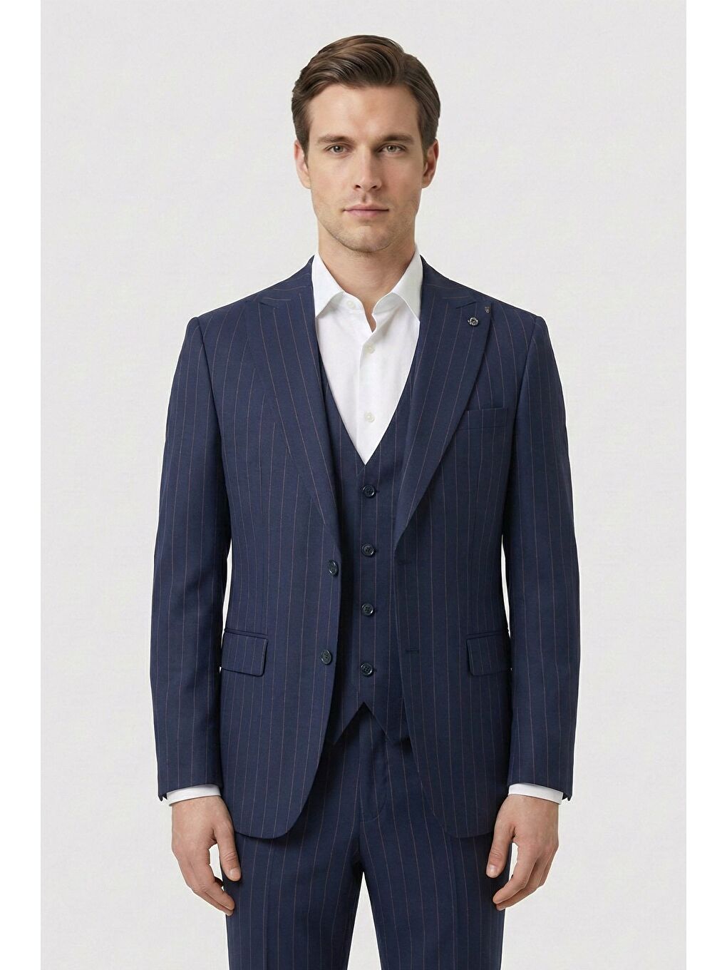 Giotelli Lacivert Slim Fit Çizgili Mono Yaka Yelekli 6 Drop Tam Astarlı Erkek Takım Elbise