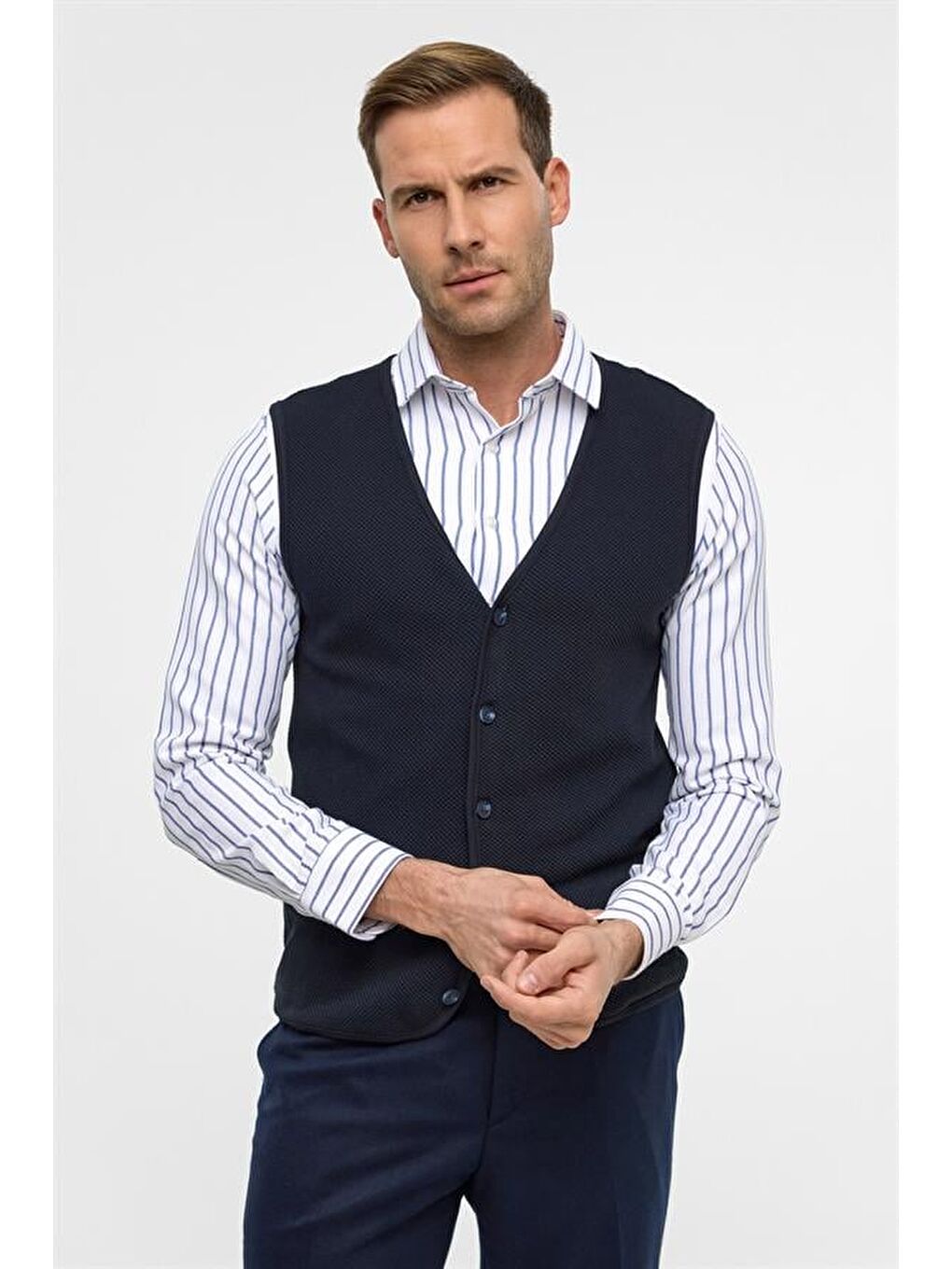 Lacivert Regular Kapitone V Yaka Yelek-1