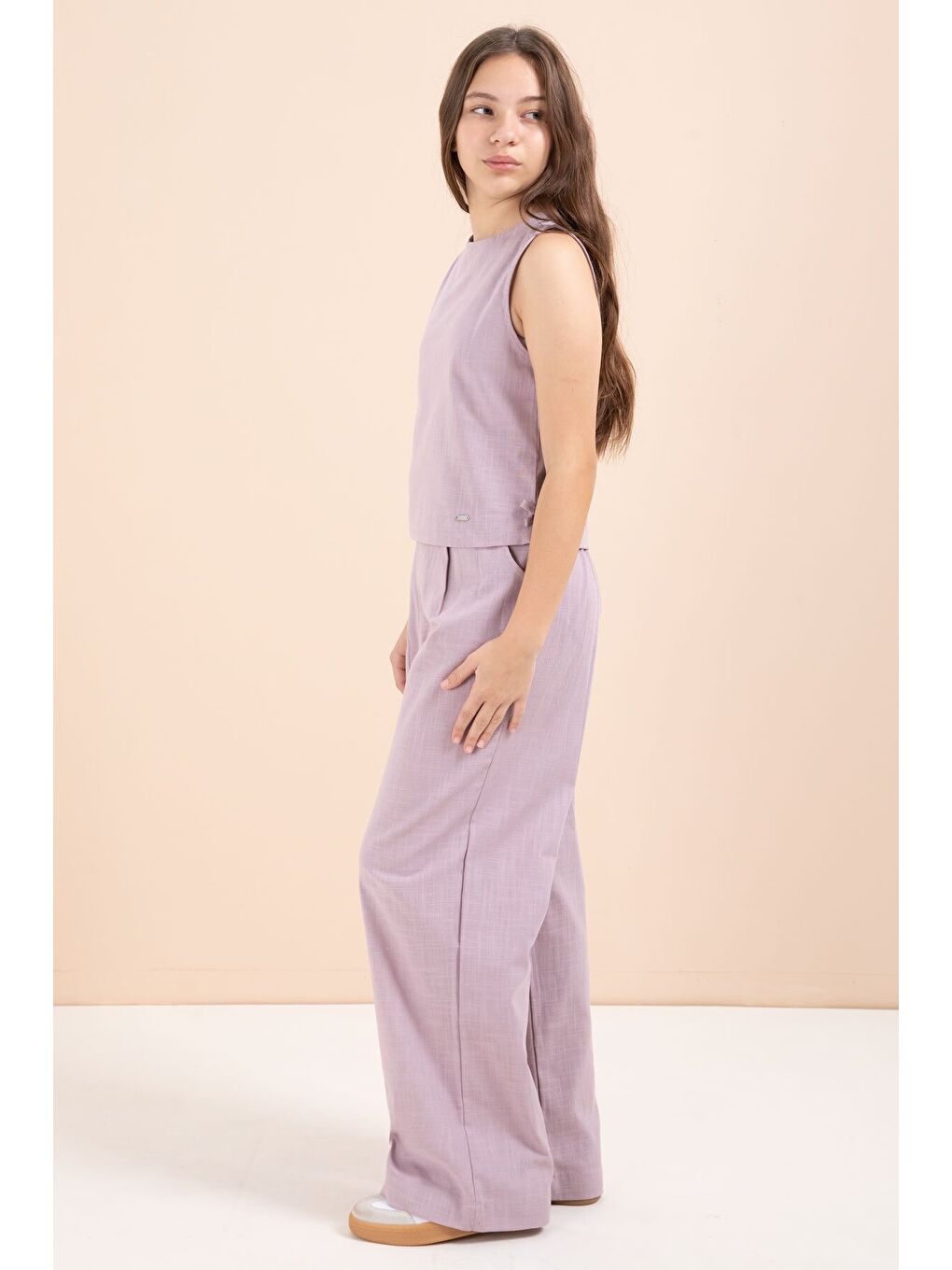 Pembe Gül Kurusu Geniş Paça Pantolonlu Kız Çocuk Keten Croplu Takım 23451-2