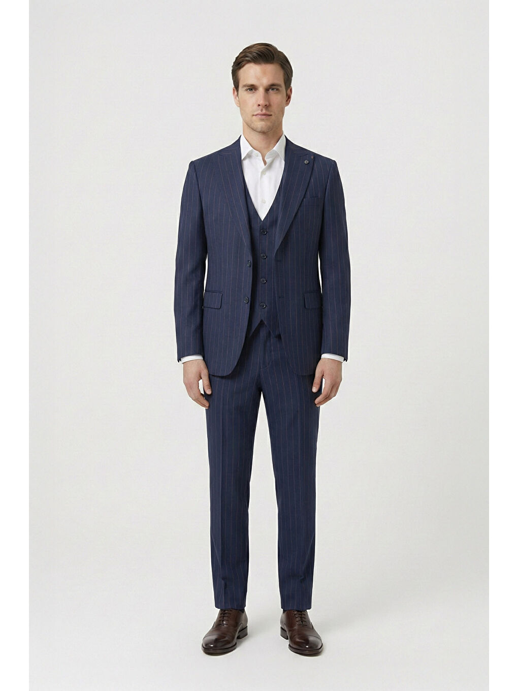 Giotelli Lacivert Slim Fit Çizgili Mono Yaka Yelekli 6 Drop Tam Astarlı Erkek Takım Elbise-1