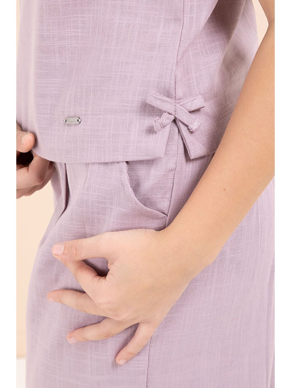 Pembe Gül Kurusu Geniş Paça Pantolonlu Kız Çocuk Keten Croplu Takım 23451-3