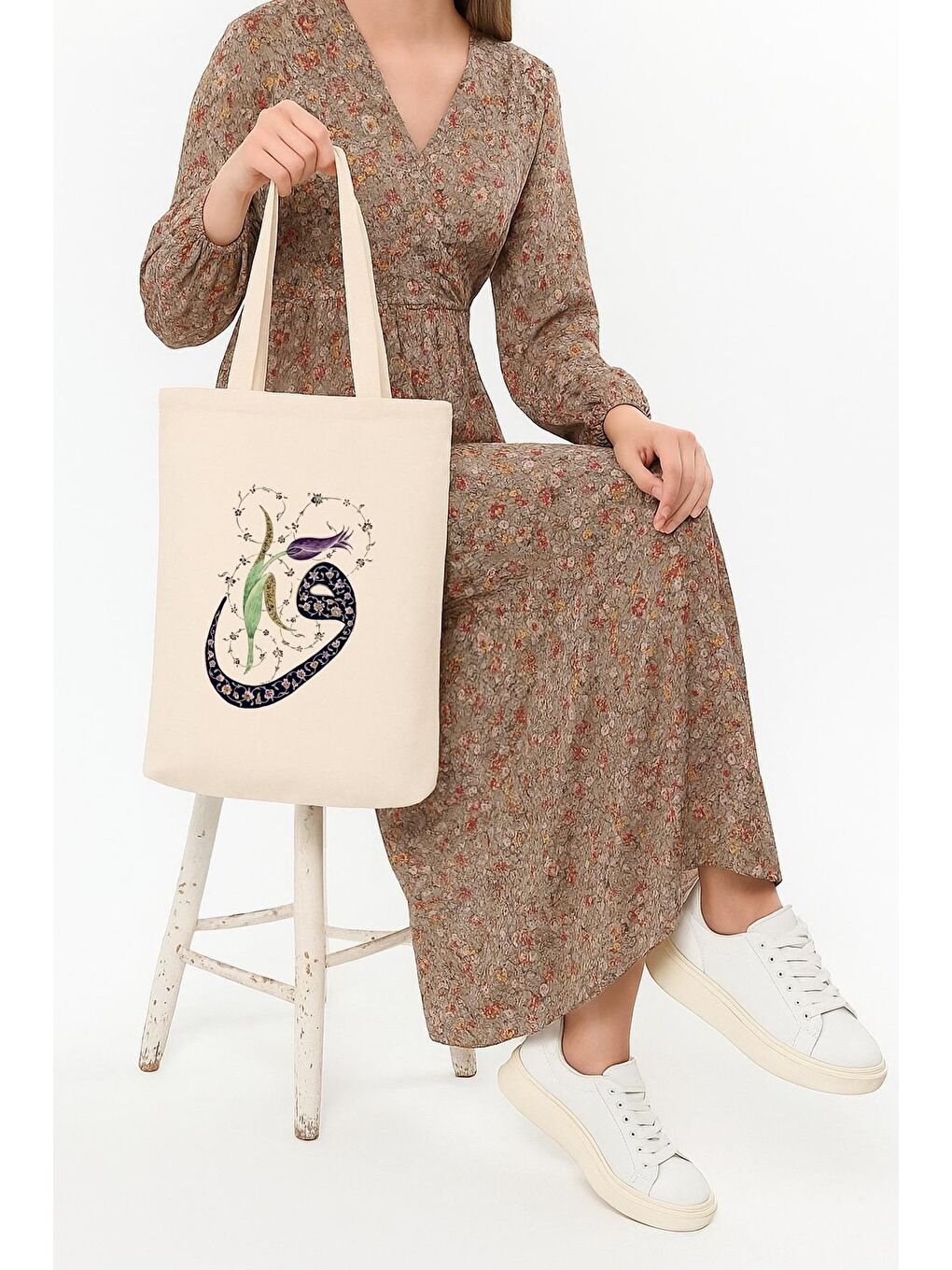 Ekru Kanvas Vav Baskılı Bez Çanta-1