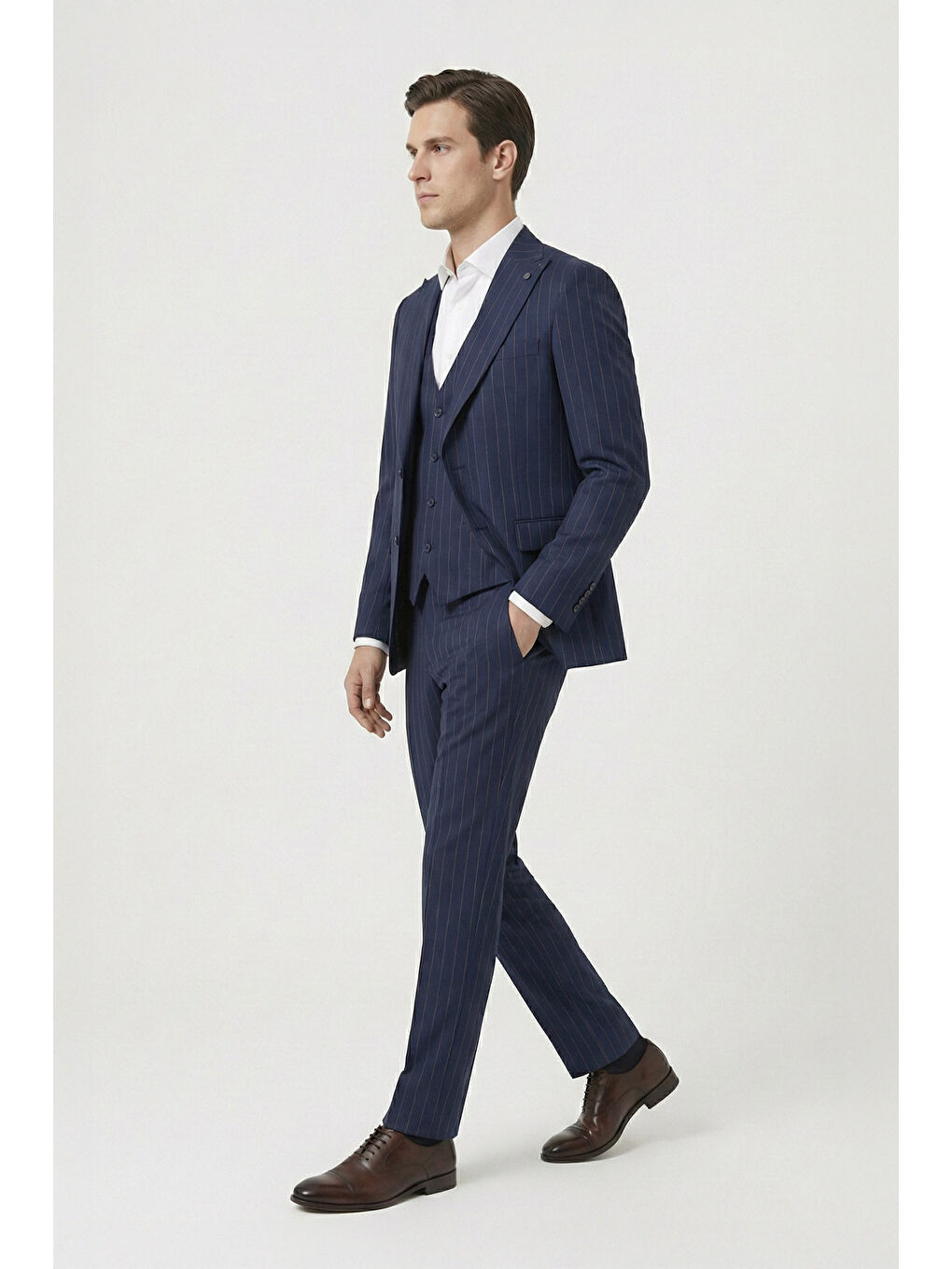 Giotelli Lacivert Slim Fit Çizgili Mono Yaka Yelekli 6 Drop Tam Astarlı Erkek Takım Elbise-2