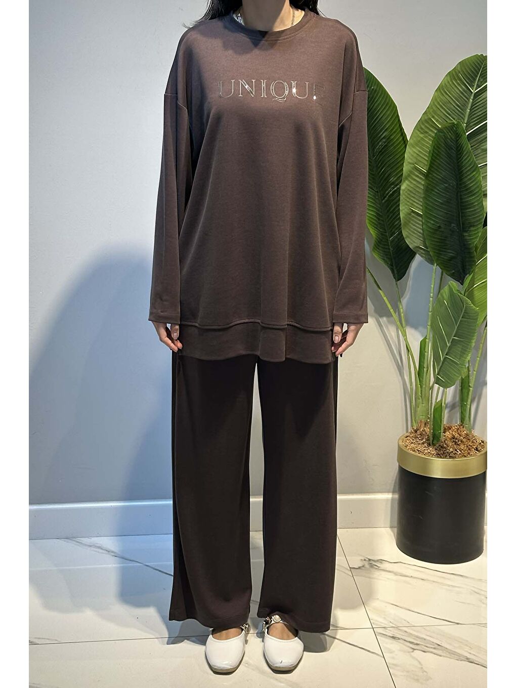 Kahverengi Tonaton Yüksek Baskılı Taşlı Pantolonlu Takım 17146 Acı Kahve-1