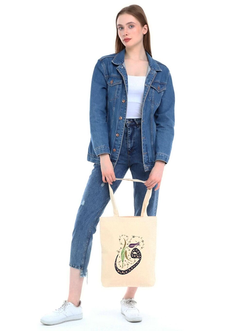 Ekru Kanvas Vav Baskılı Bez Çanta-4