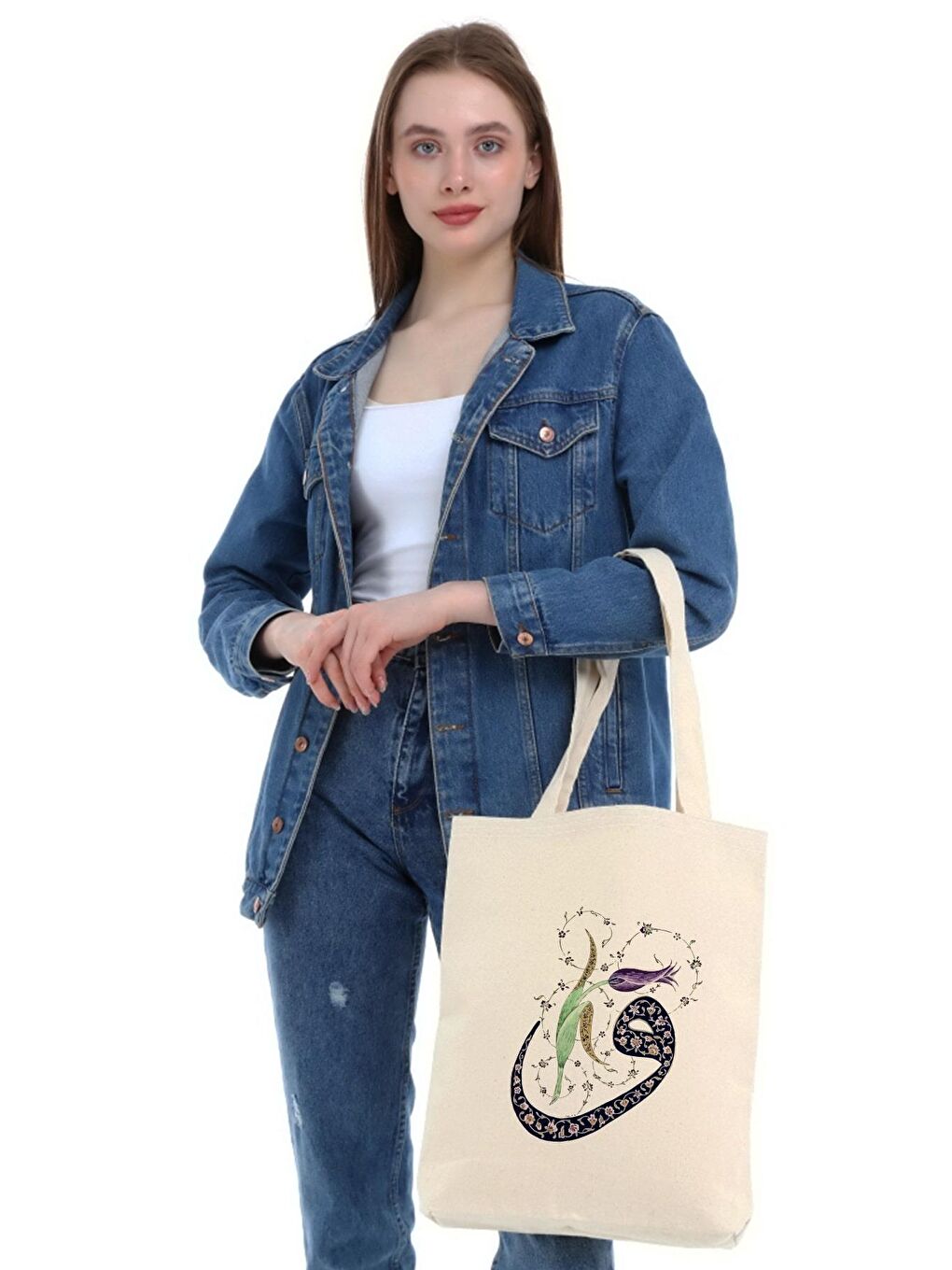 Ekru Kanvas Vav Baskılı Bez Çanta-5