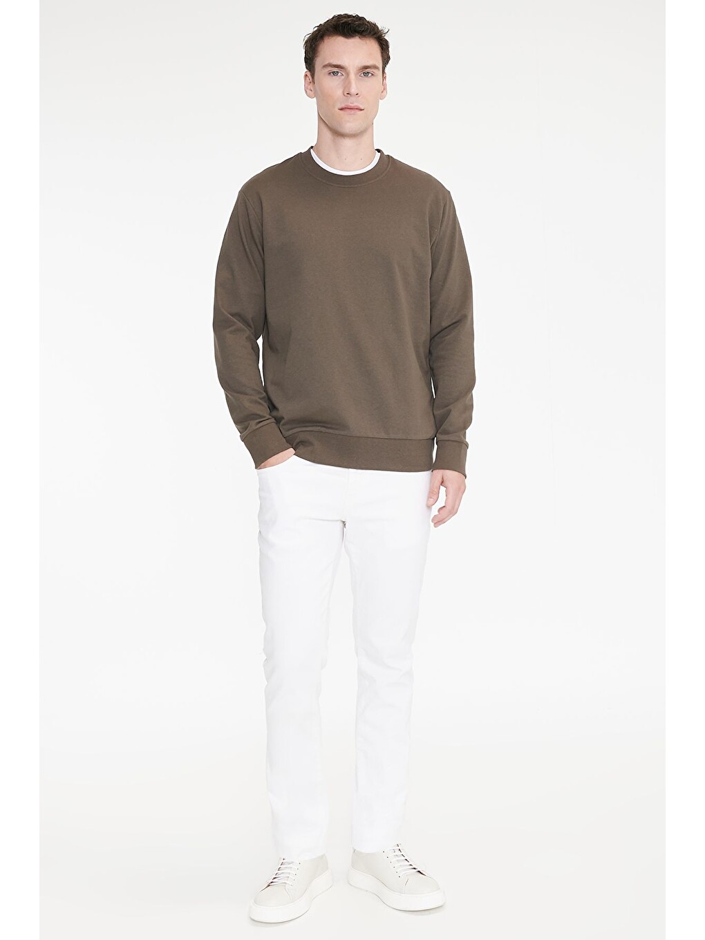 Erkek Haki Pamuklu Standart Fit Normal Kesim 2 İplik Bisiklet Yaka Sweatshirt-1