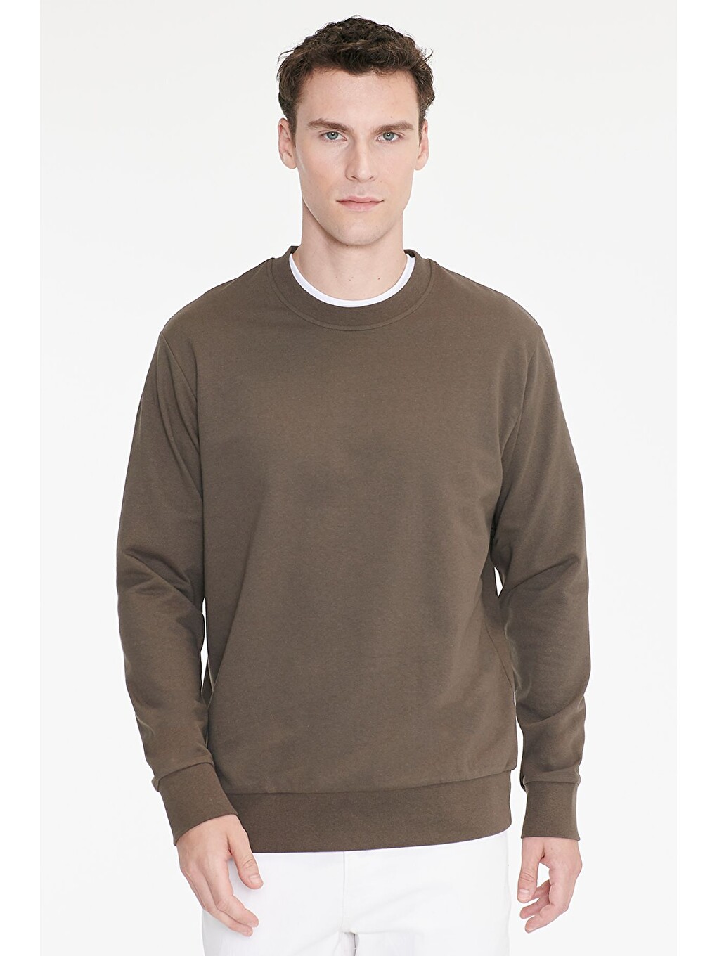 Erkek Haki Pamuklu Standart Fit Normal Kesim 2 İplik Bisiklet Yaka Sweatshirt-2