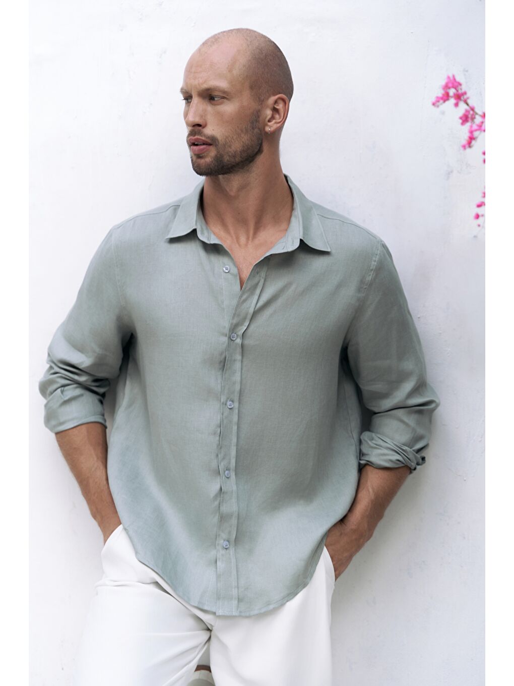 Yeşil Bice Mint Keten Oversize Erkek Gömlek