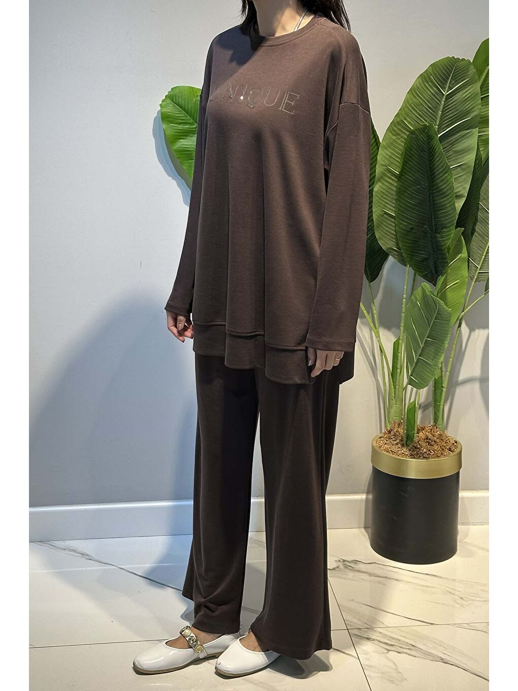 Kahverengi Tonaton Yüksek Baskılı Taşlı Pantolonlu Takım 17146 Acı Kahve-2