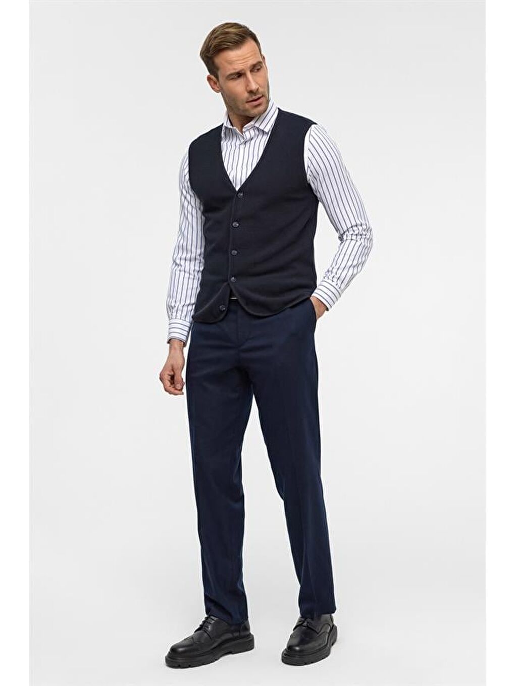 Lacivert Regular Kapitone V Yaka Yelek-5